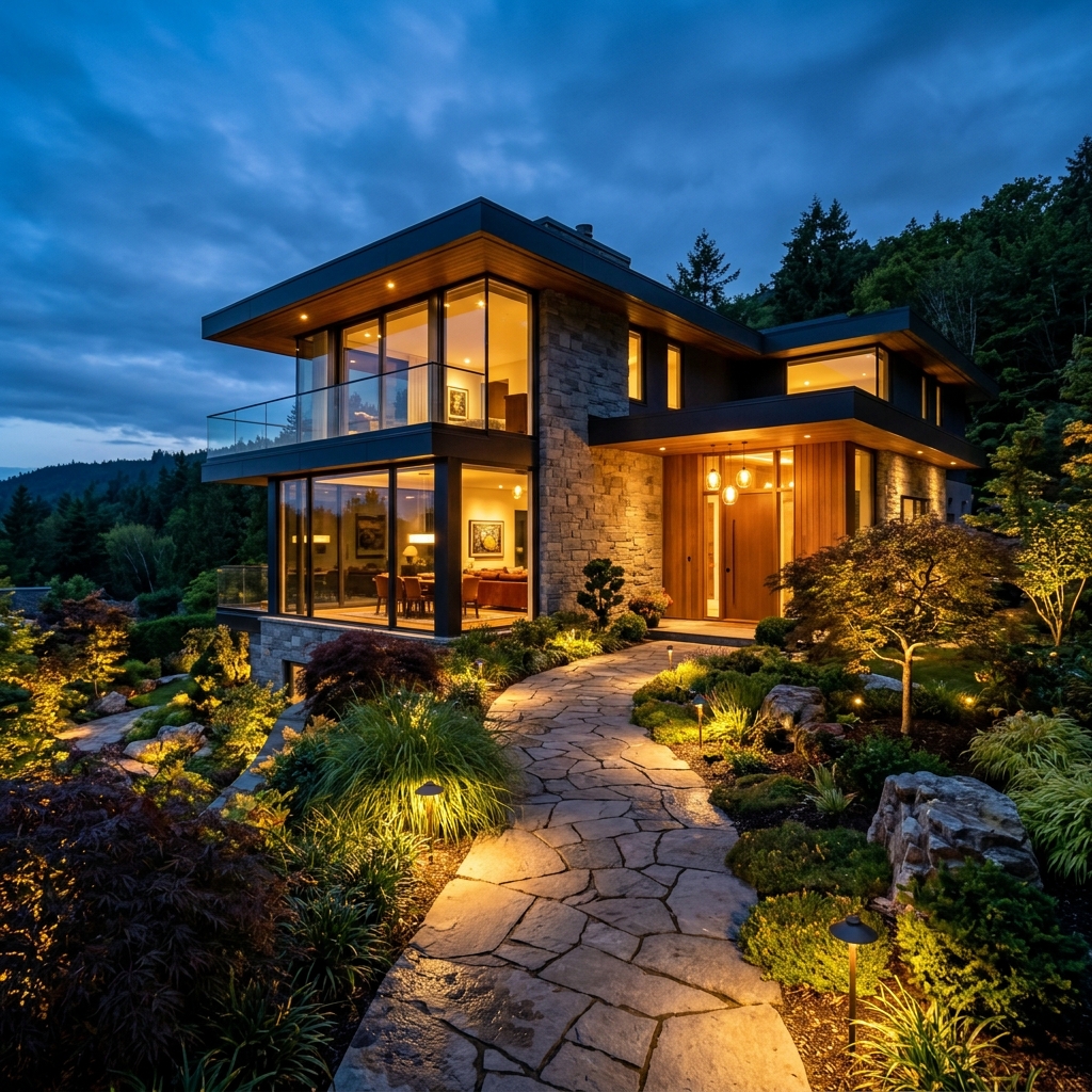 Luxury Architectural Villa Dusk Exterior